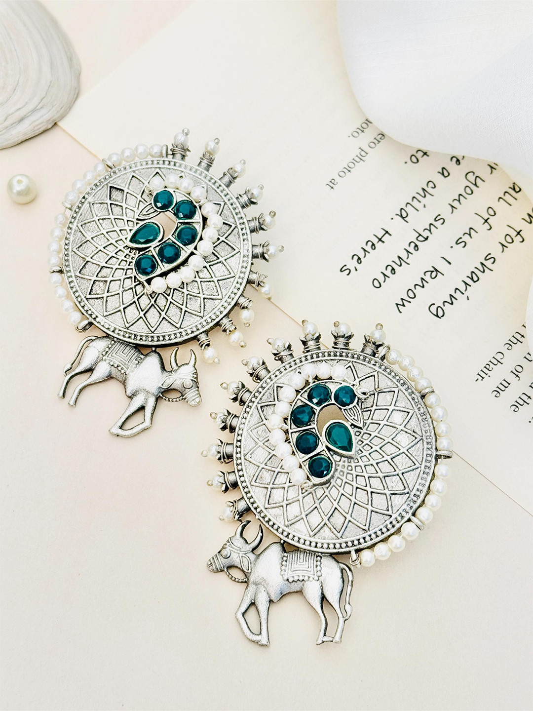 ABDESIGNS Silver-Plated Studded And Beaded German Silver Oxidised Drop Earrings