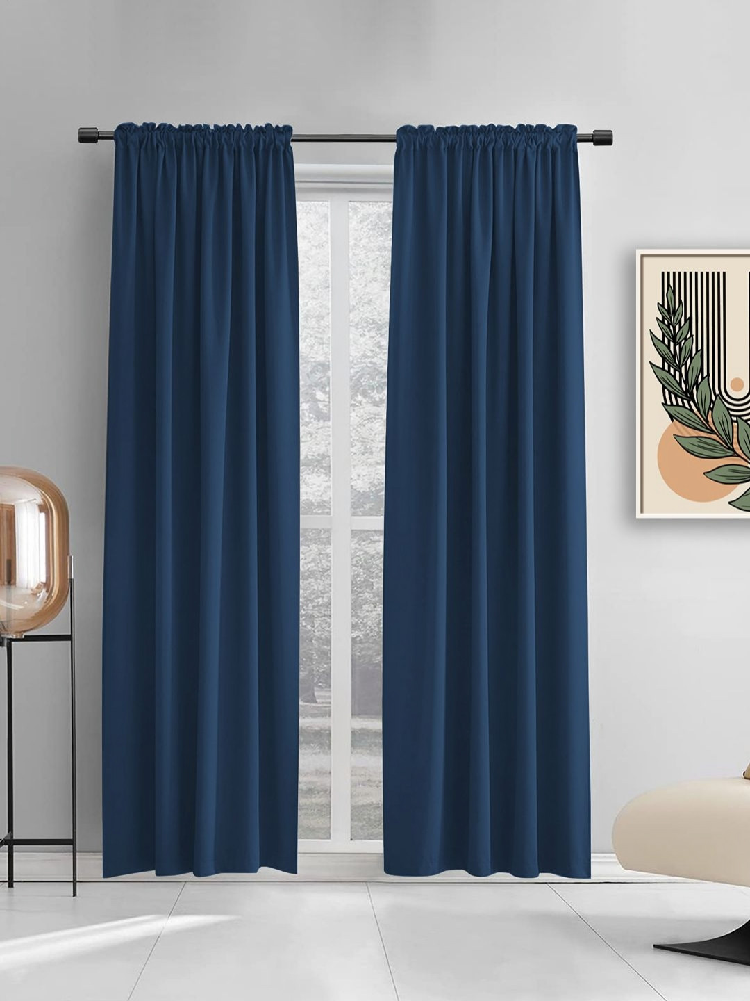 THE CONVERSION Navy Blue 2 Pieces Satin Rod Pocket Long Door Curtains