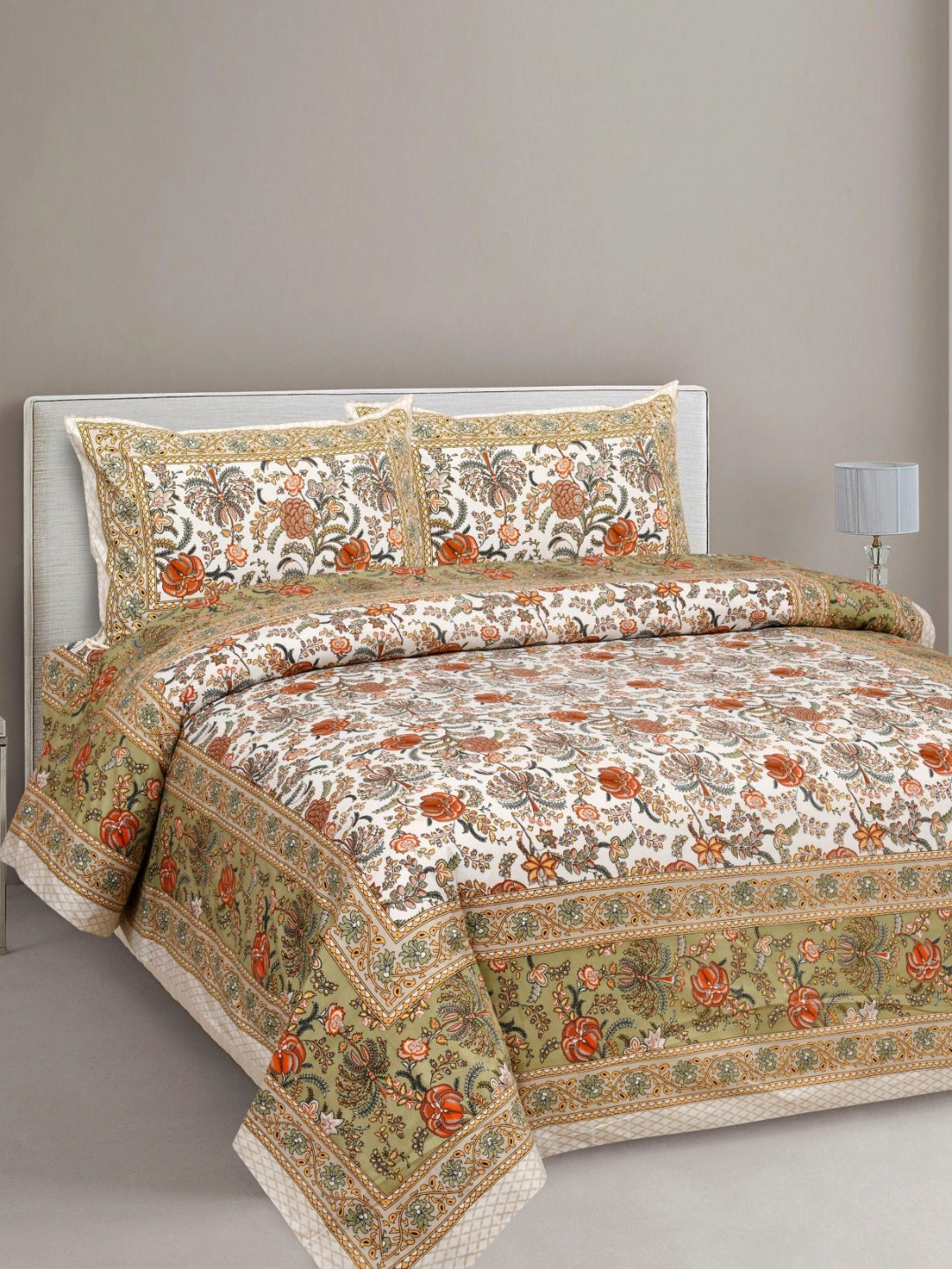 Urban Jaipur Elegance Collection Orange Floral Cotton 200 TC King Fine Bedsheet with 2 Pillow Covers-90 x 108 inches
