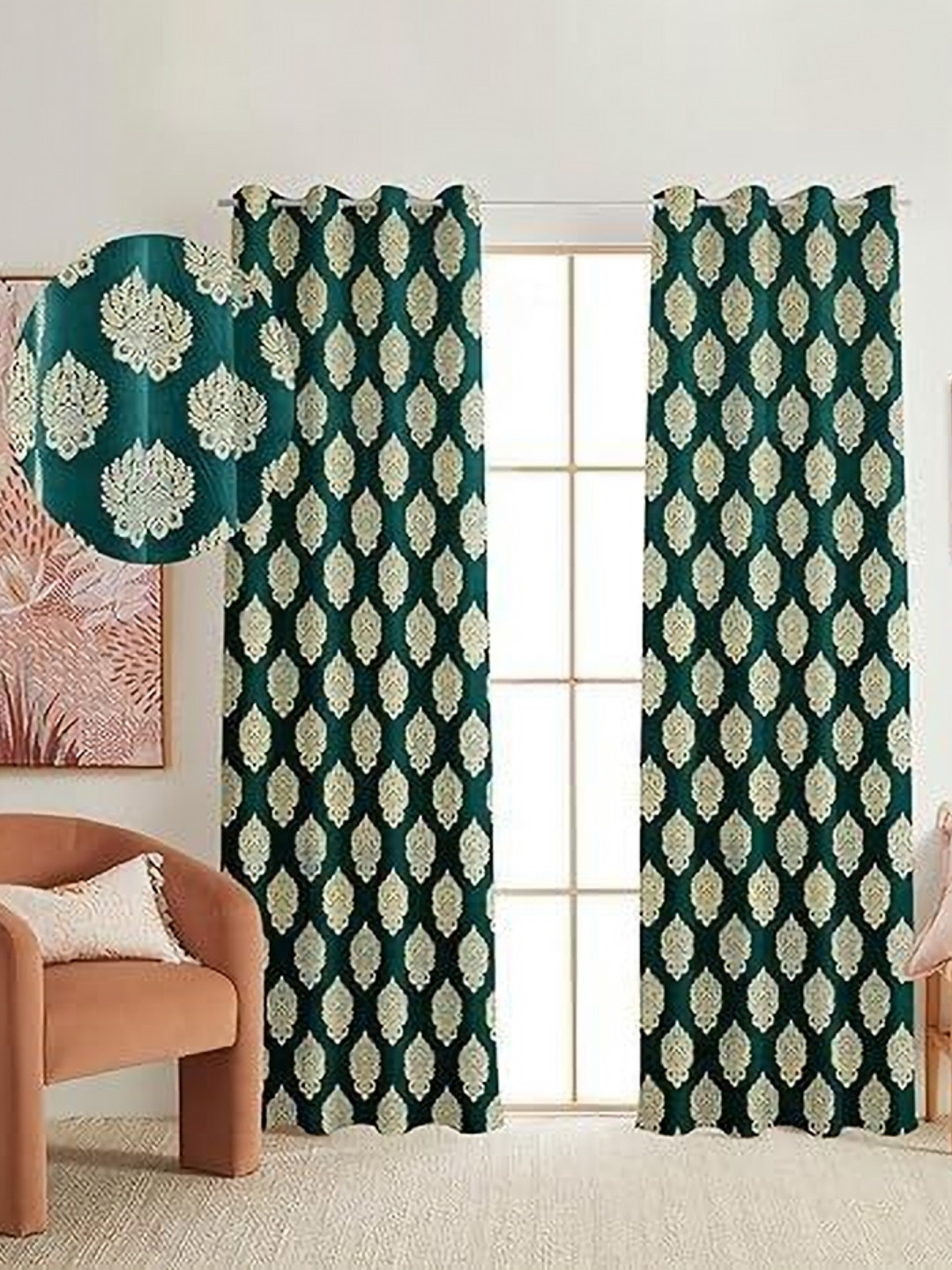 Banchmark Home Furnishings Blue & Beige 2 Pieces Ethnic Motifs Black Out Door Curtain