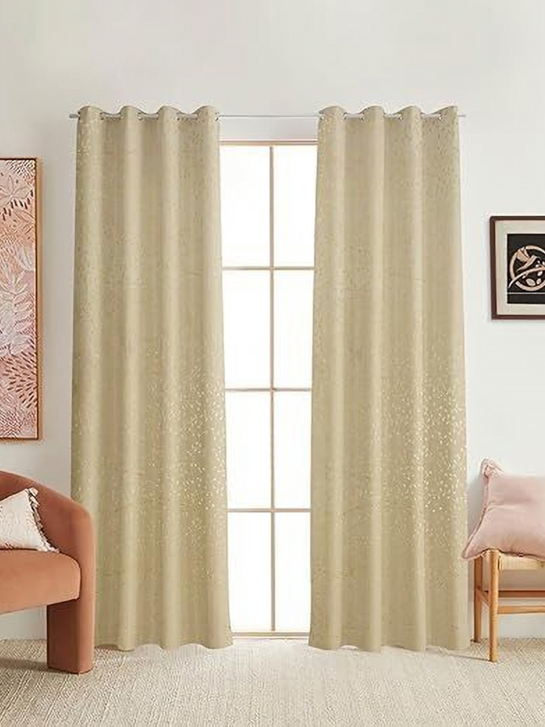 Banchmark Home Furnishings Cream-Coloured 2 Pieces Floral Velvet Black Out Door Curtains