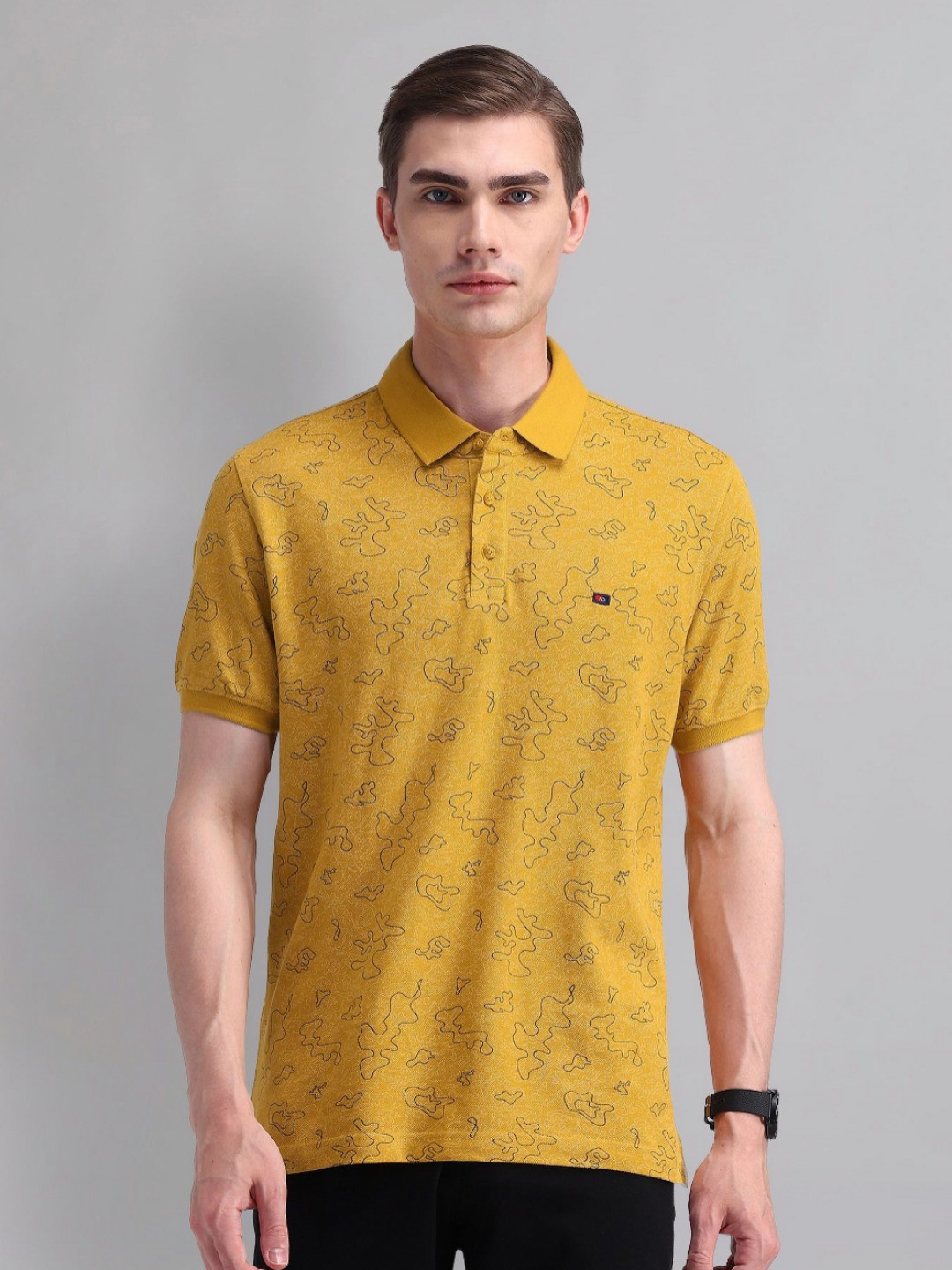 AD By Arvind Men Abstract Printed Polo Collar Cotton Slim Fit T-shirt