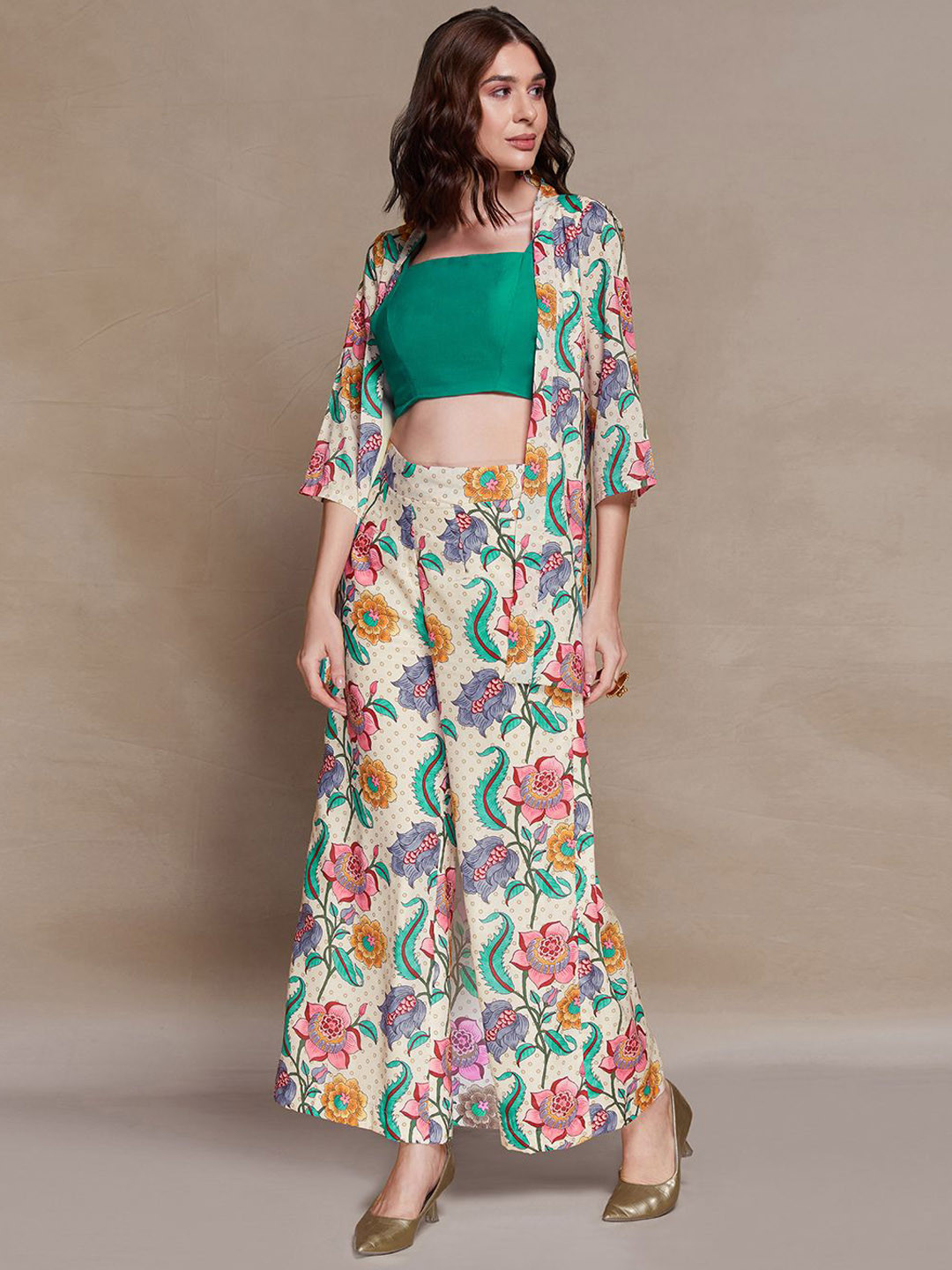 Fusionic Floral Printed Pure Cotton Tube Top With Jacket & Palazzo