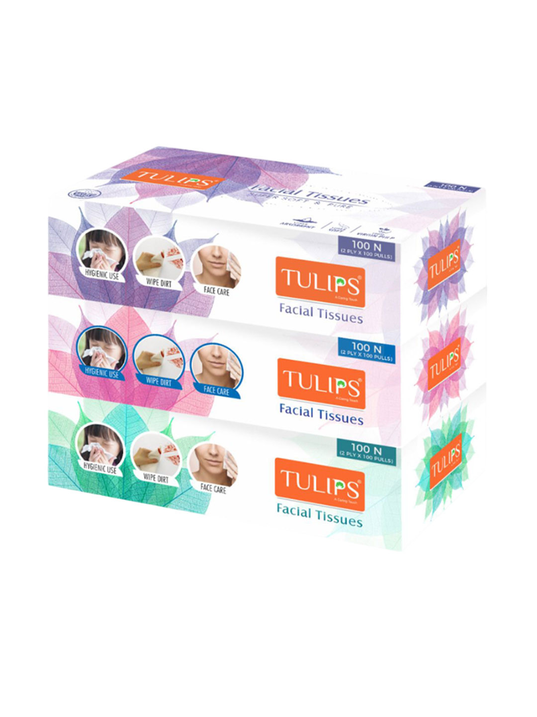 TULIPS Set Of 3 Facial & Car Tissue Paper Super Soft & Pure-100 Pulls x 2 Ply