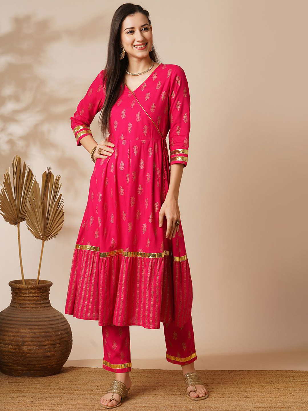 Globus Pink V-Neck Floral Printed Gotta Lace Angrakha Anarkali Kurta With Pants