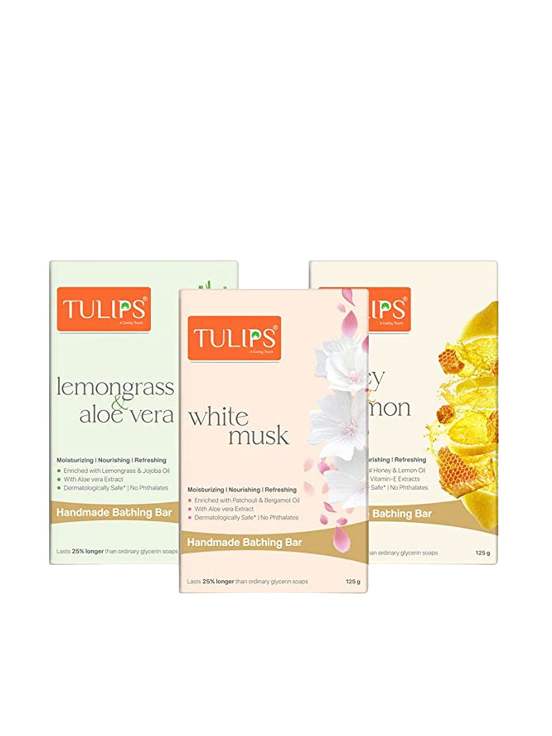TULIPS Set Of 3 Bathing Bar Soap - Honey & Lemon Lemongrass & Aloe Vera & White Musk
