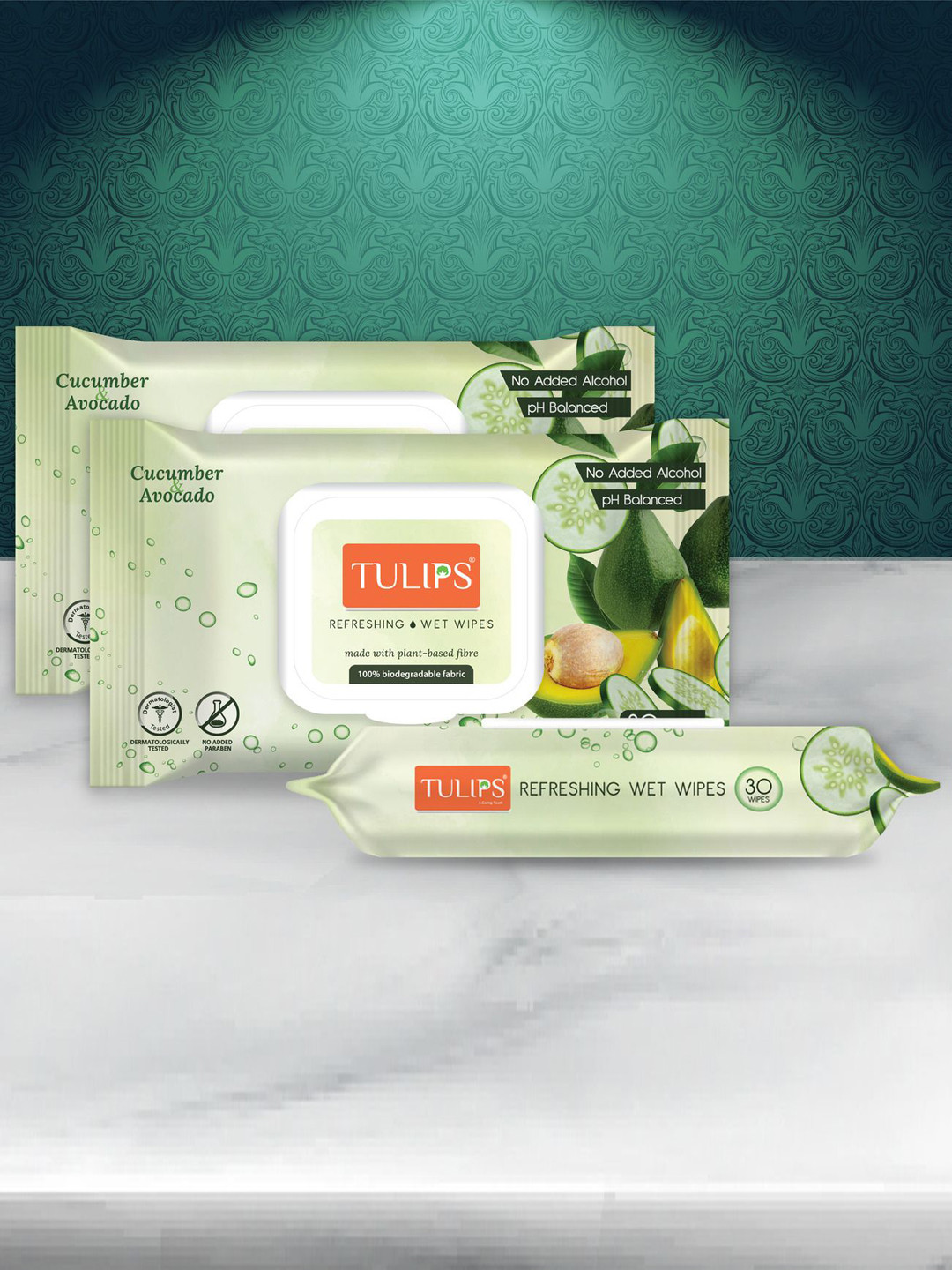 TULIPS Set Of 3 Refreshing Wet Wipes With Cucumber & Avocado - 30 Wipes each