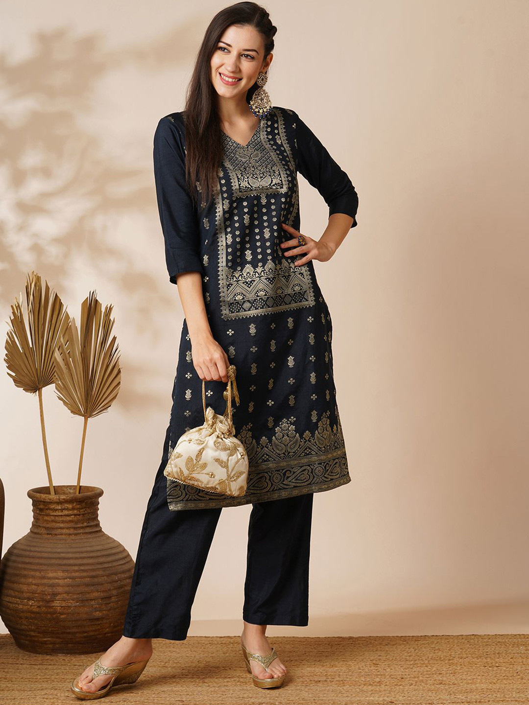 Globus Blue V-Neck Brocade Ethnic Motifs Straight Knee Length Kurta With Pants