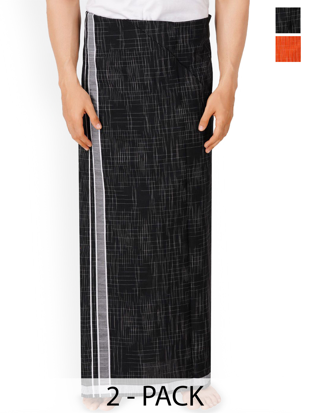 ETHAZH Mens Cotton Color 2 Pcs Combo Dhoti With Matching Contrast Border