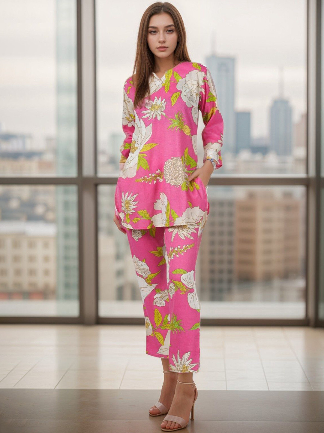 BAESD Floral Printed Botch Neck Tunic & Trousers