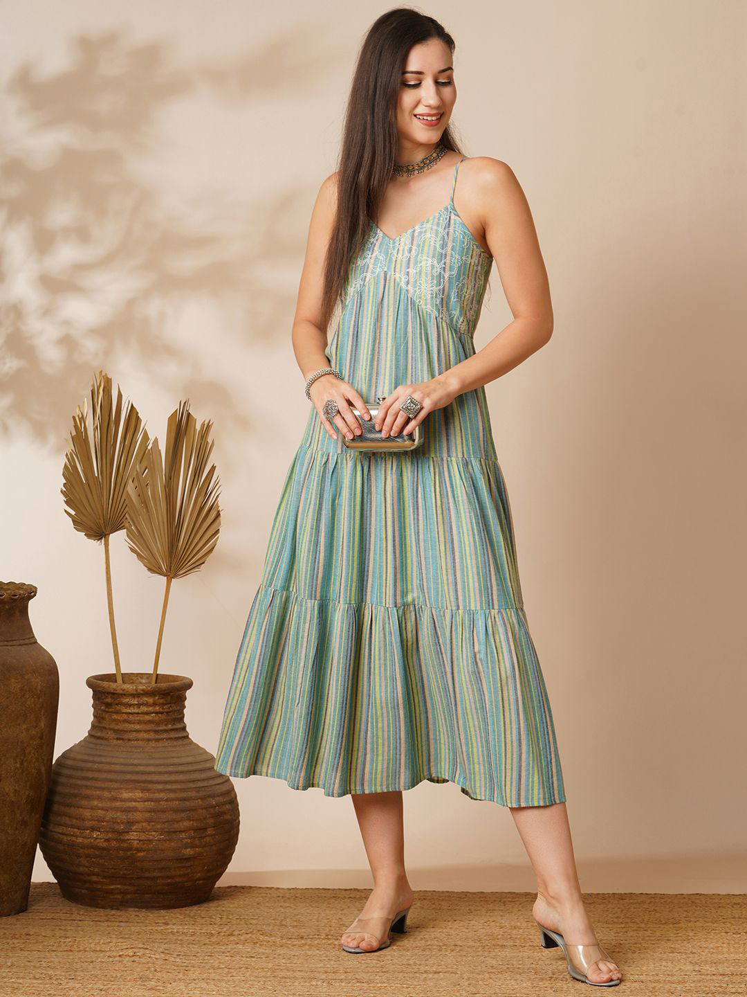 Globus V-Neck Strappy Shoulder Floral Embroidered Yoke Tiered A-Line Midi Fusion Dress
