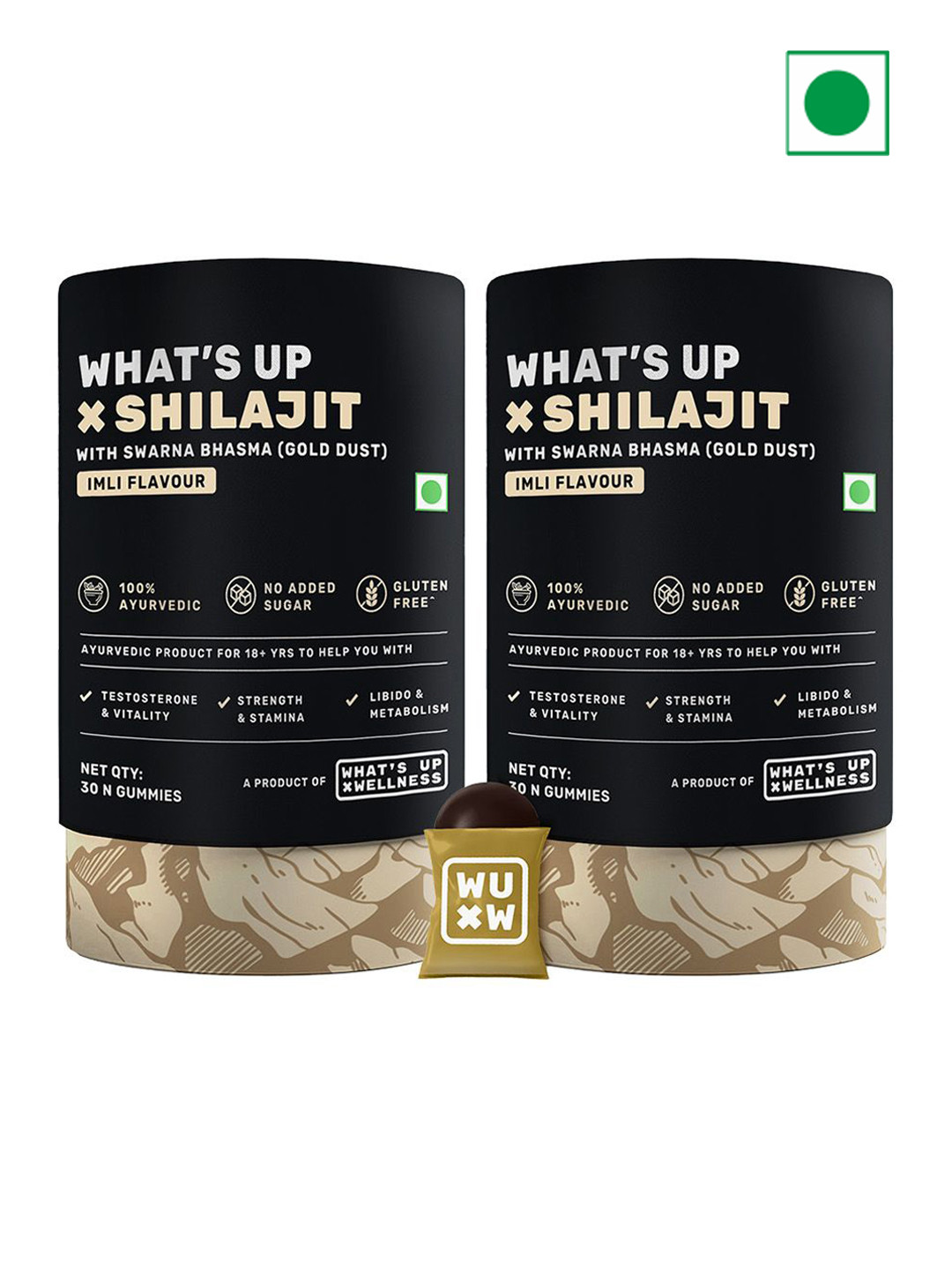 What's Up Wellness Set Of 2 ShilajIt Resin Gummies With 24 Carat GoldDust-30 Gummies Each