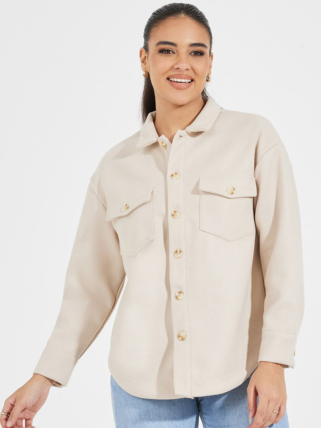 Styli Women Oversized Fit Long Line Wool Look Shacket