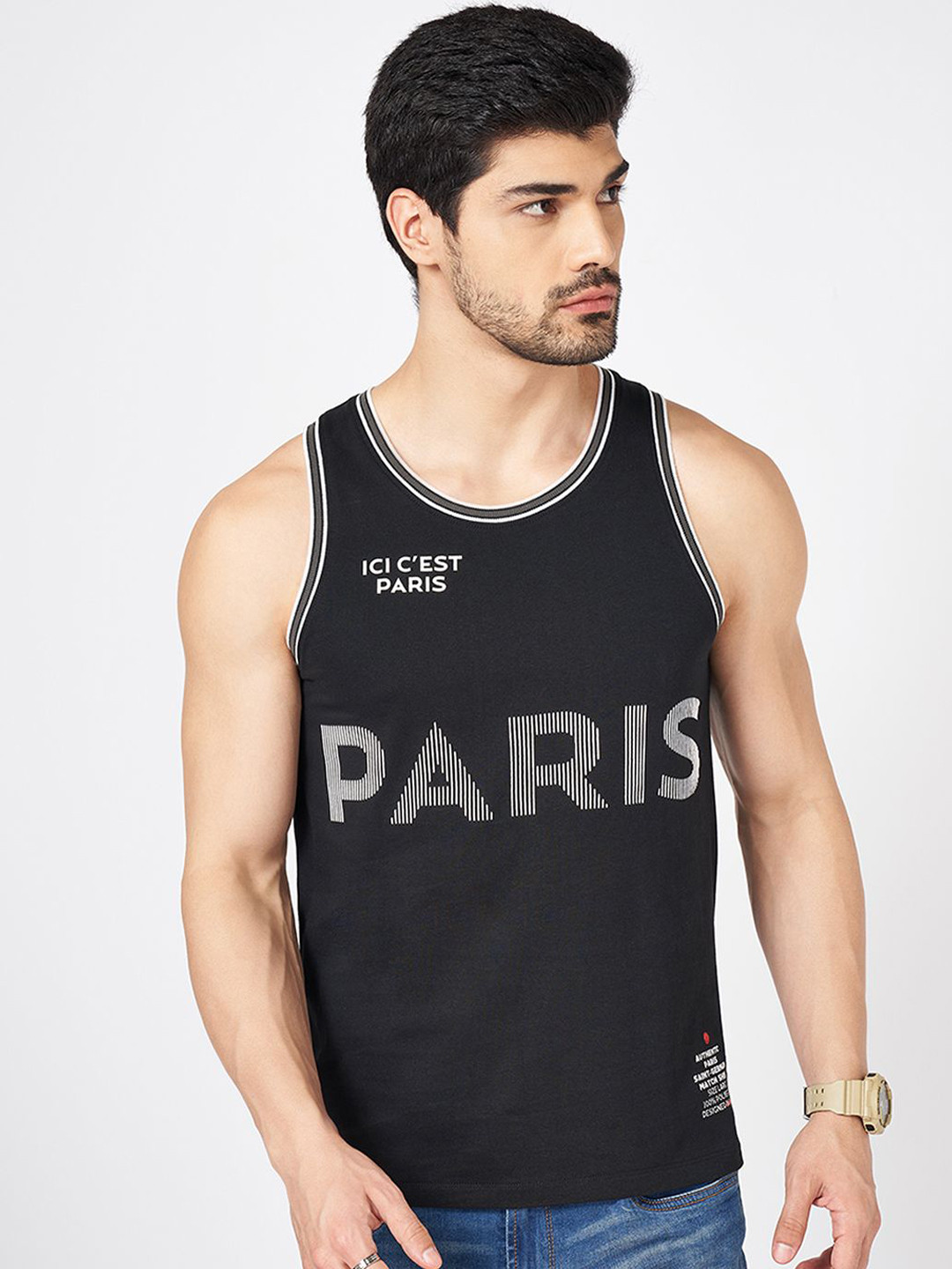 SF JEANS by Pantaloons Printed Pure Cotton Basic Innerwear Vests 8909044714589-Black