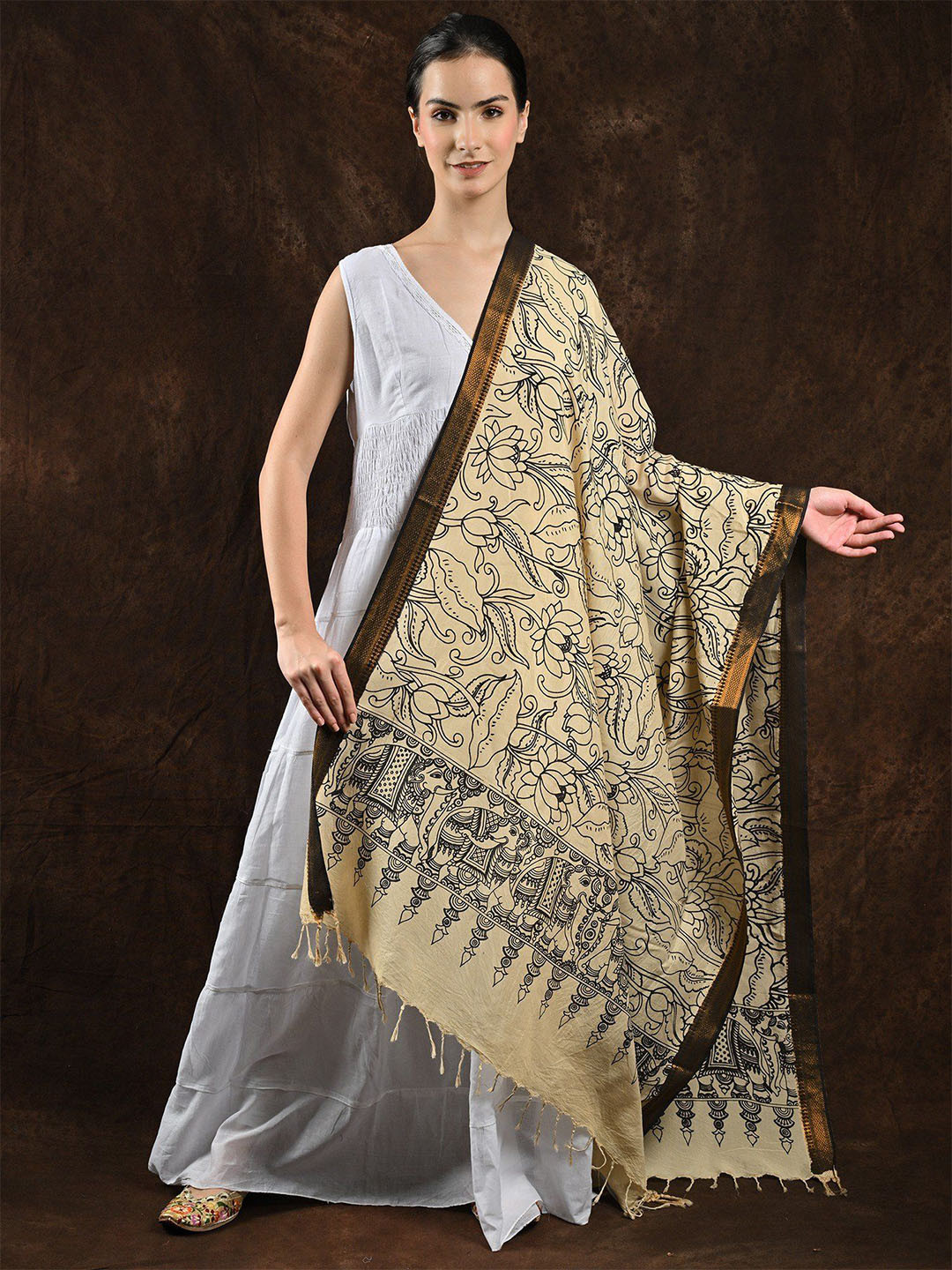 Exotic India Anise Flower Hand Painted Lotuses-Elephants Kalamkari Dupatta & Zari Border