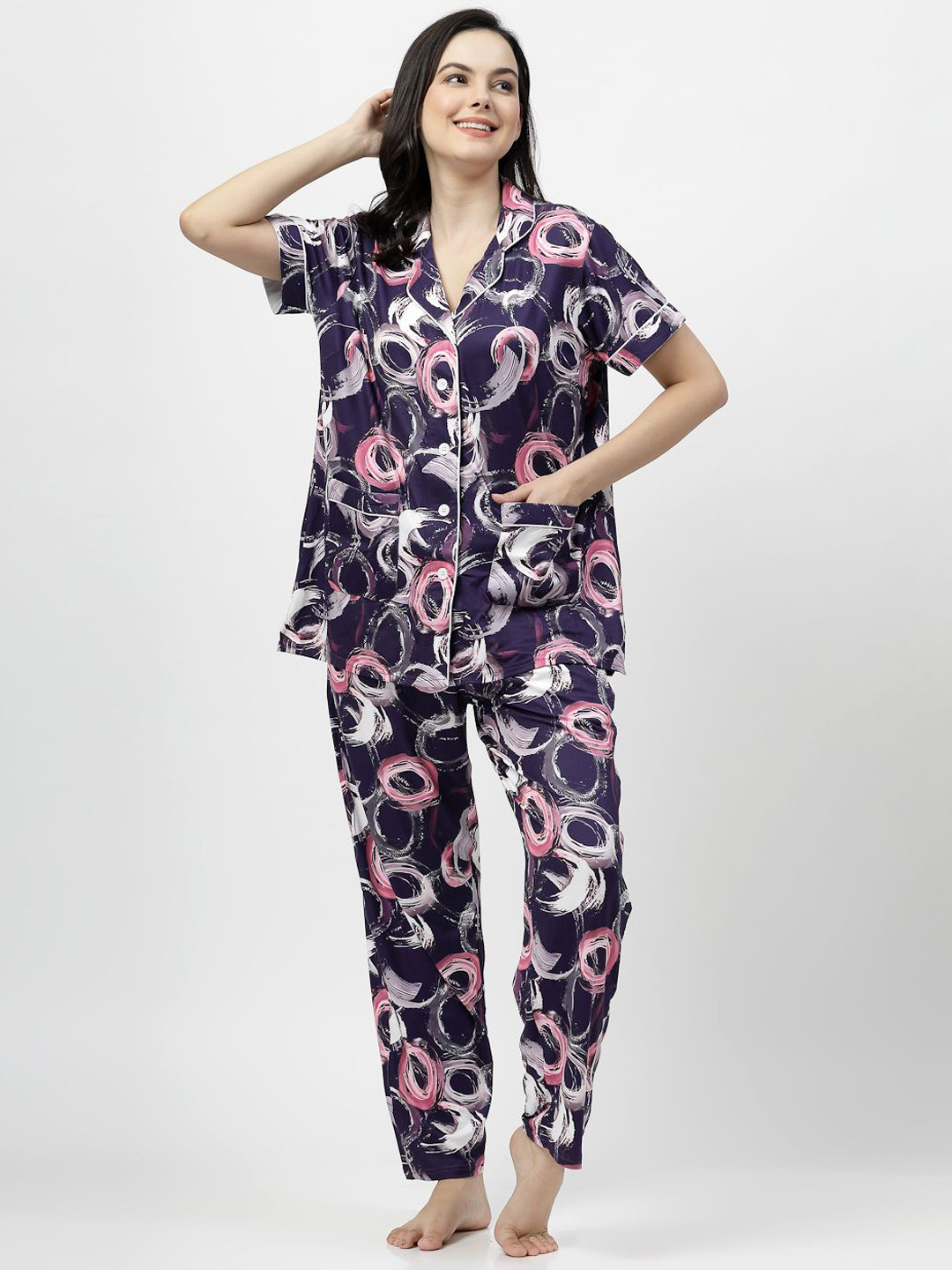 SHYAM SONS FLAIR Women Geometric Printed Lapel Collar Night Suit