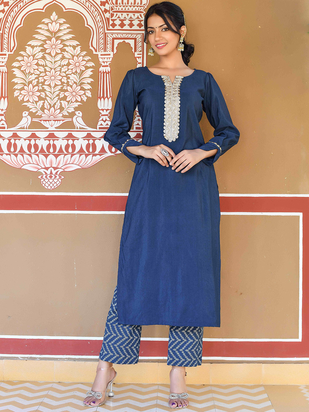 Anastay Clothing Floral Yoke Design Sequinned Pure Cotton Straight Kurta with Trousers