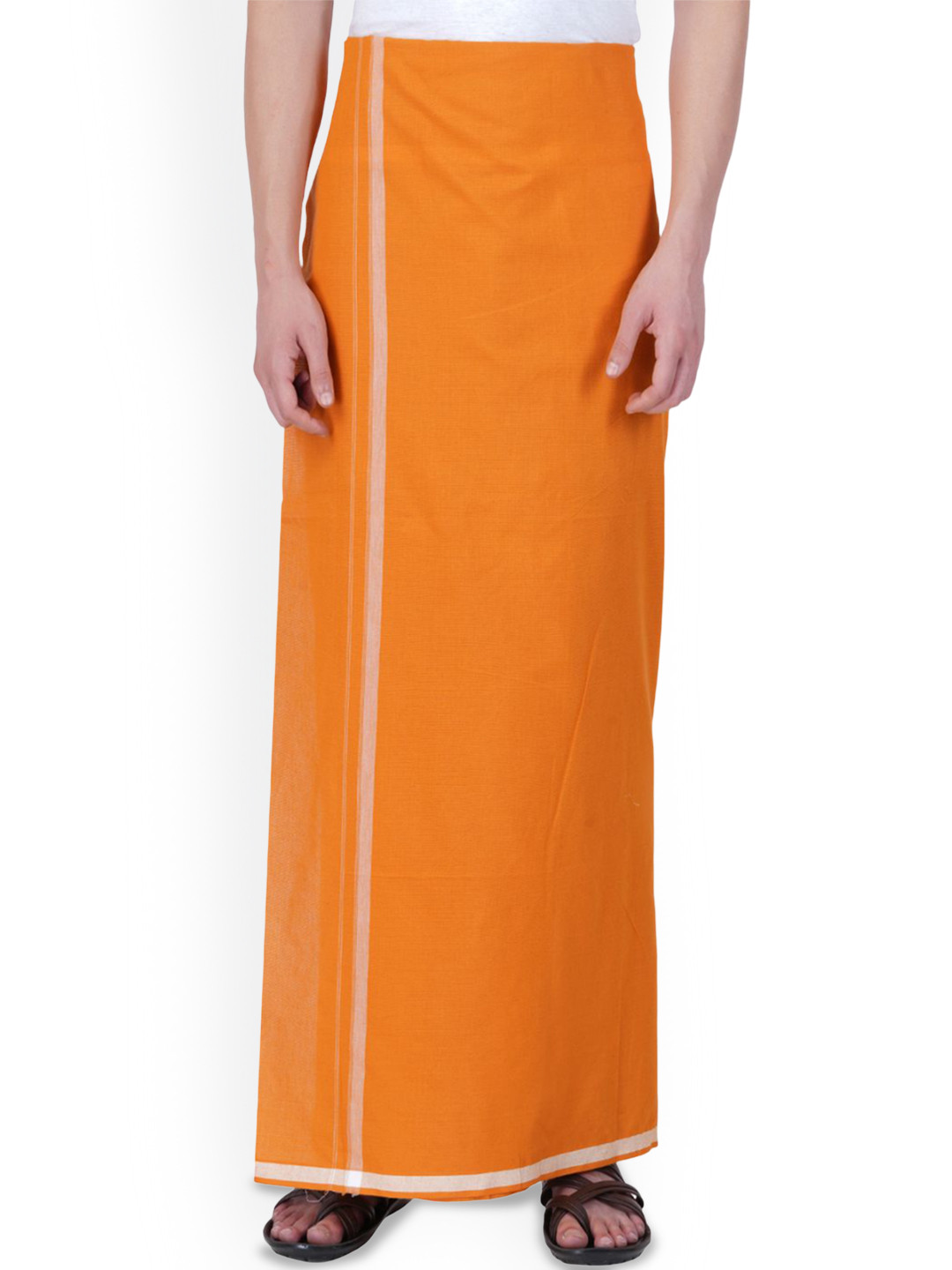 ETHAZH Mens Devotional Wear White Star Dhoti (Orange)