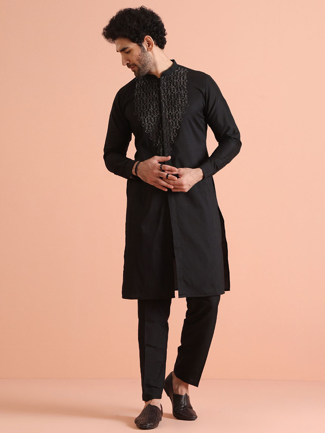 KISAH Men Rhine Stone Regular Fit Embroidered Kurta Trouser Set