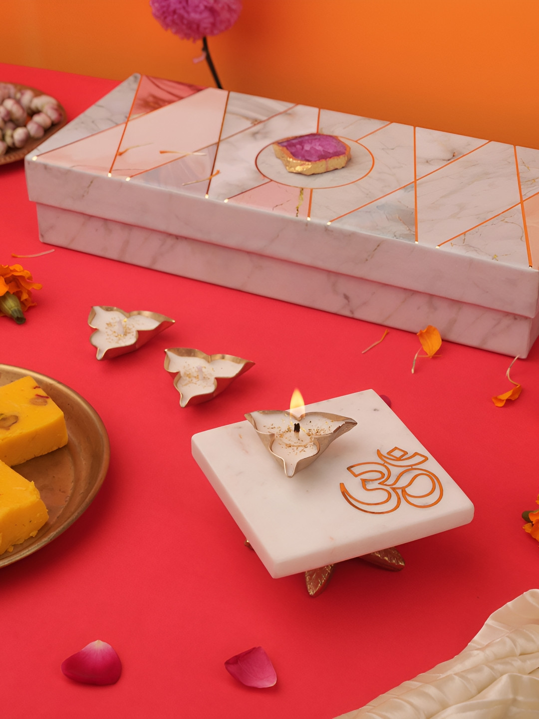 HOMEARTE White 7 Pieces Marble OM Square Pooja Chowki with Metal Votive Candle