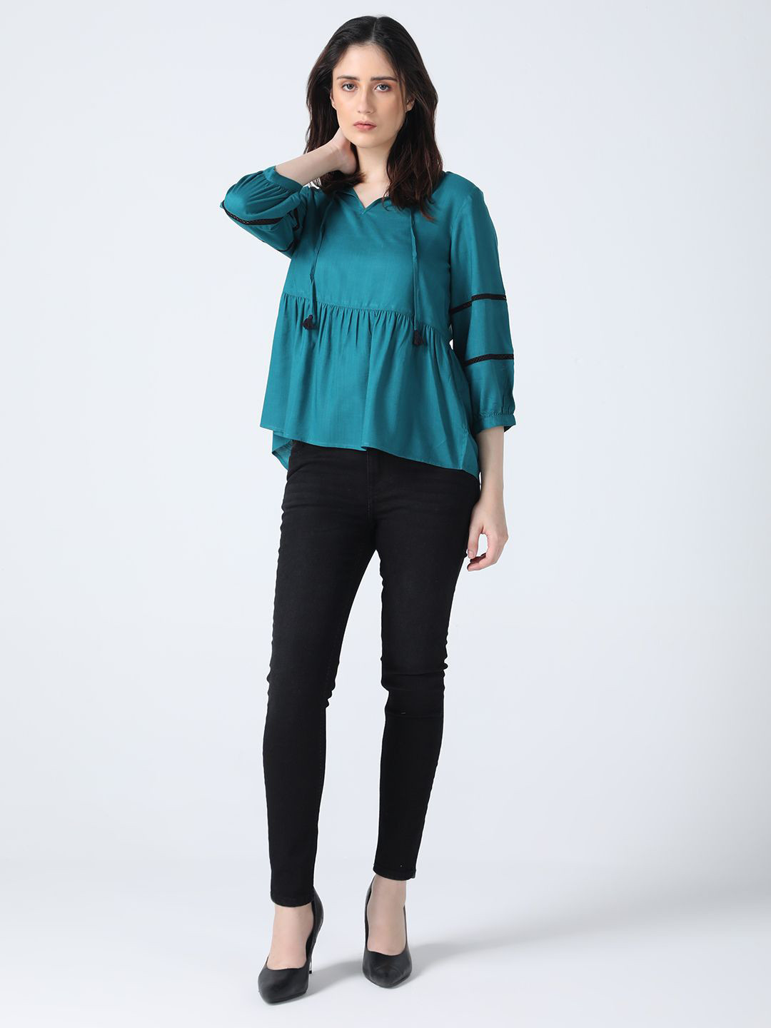 IDK Women Solid Tie-Up Neck Top