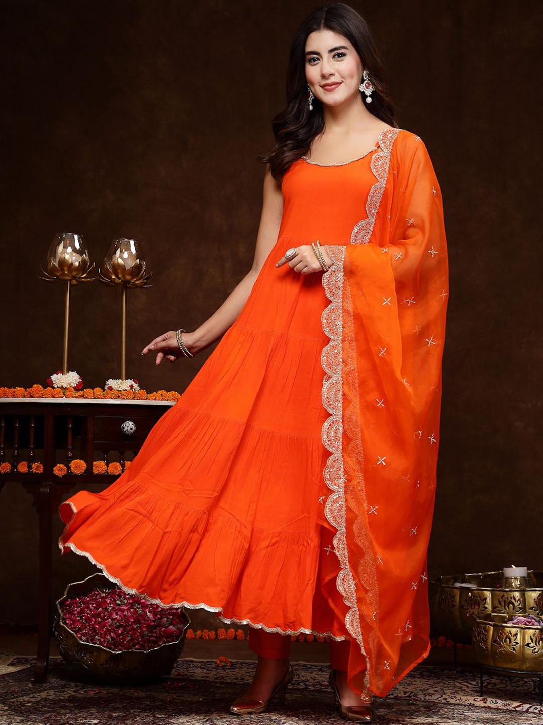 Stylum Orange & White Sleeveless Tiered A Line Kurta & Trousers With Dupatta - Kurta Sets for Women 30827276 | Myntra