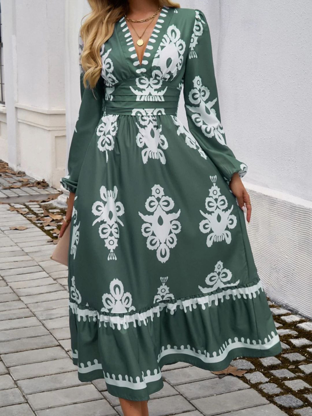 KPOP Ethnic Motifs Print Puff Sleeve A-Line Midi Dress V-Neck Long Sleeves Polyester