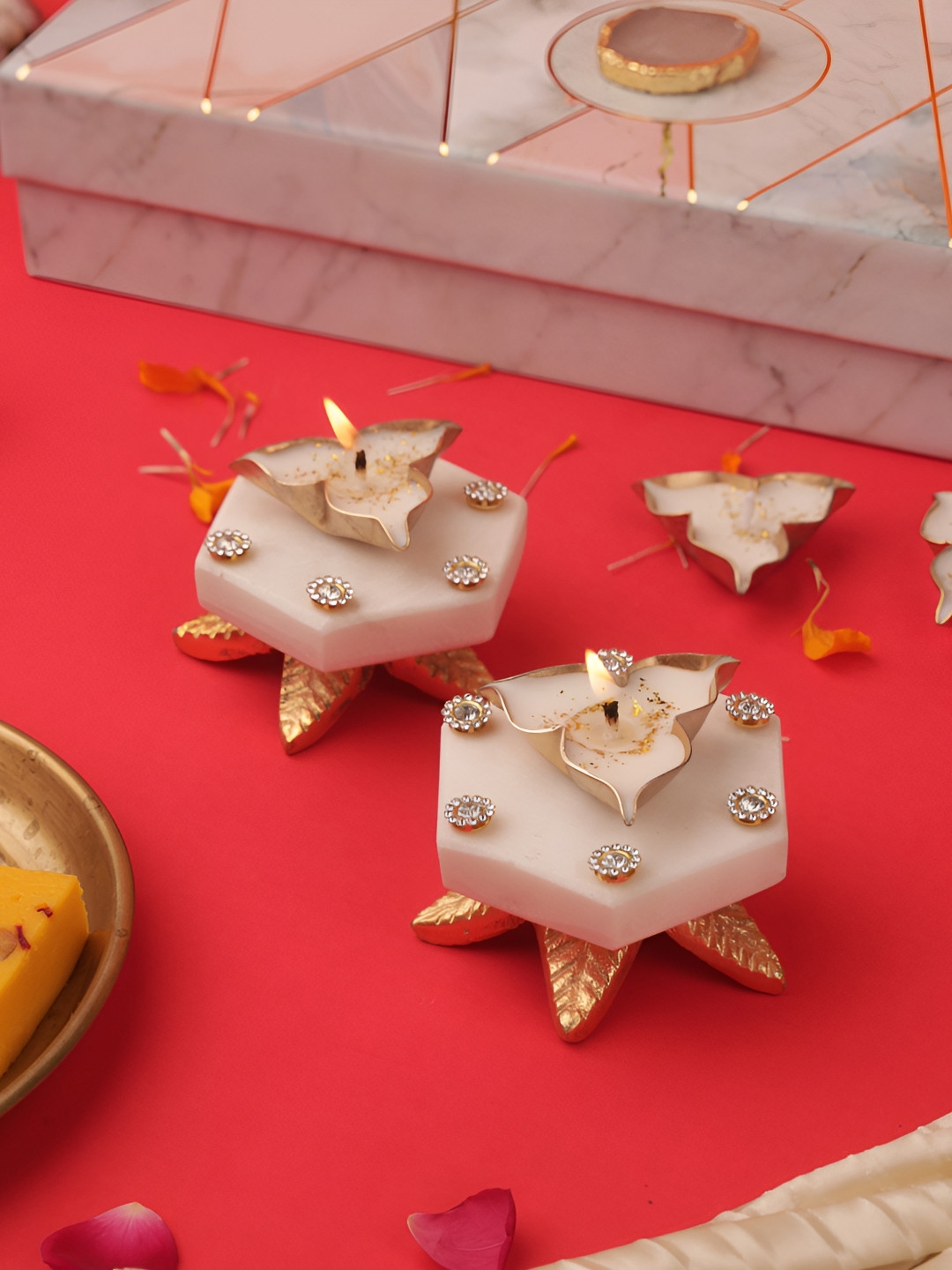 HOMEARTE White 6 Pcs Marble Hexagon Pooja Chowki with Votive Candle