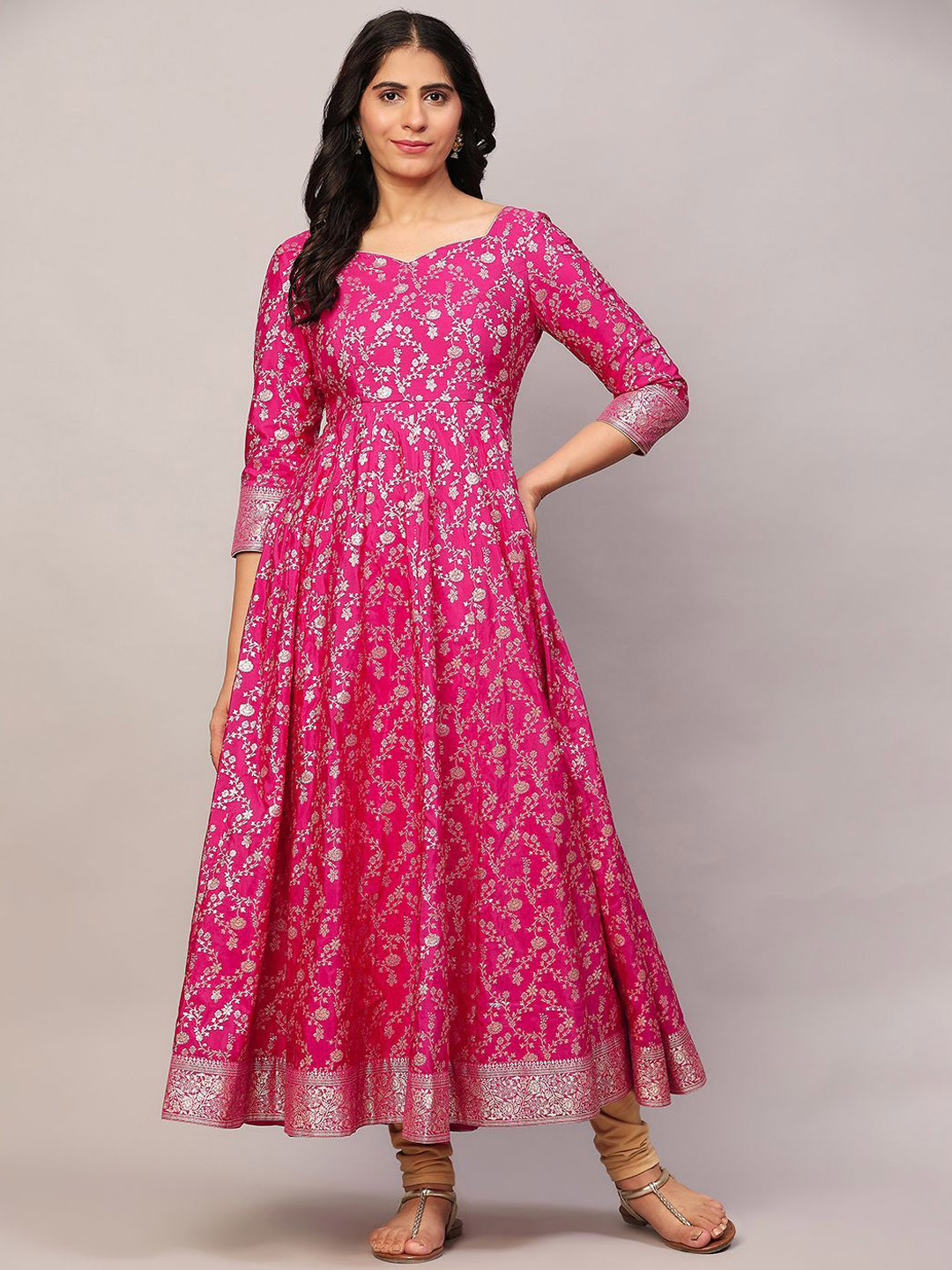 Poshak Hub Floral Printed Sweetheart Neck Chanderi Silk Anarkali Kurta