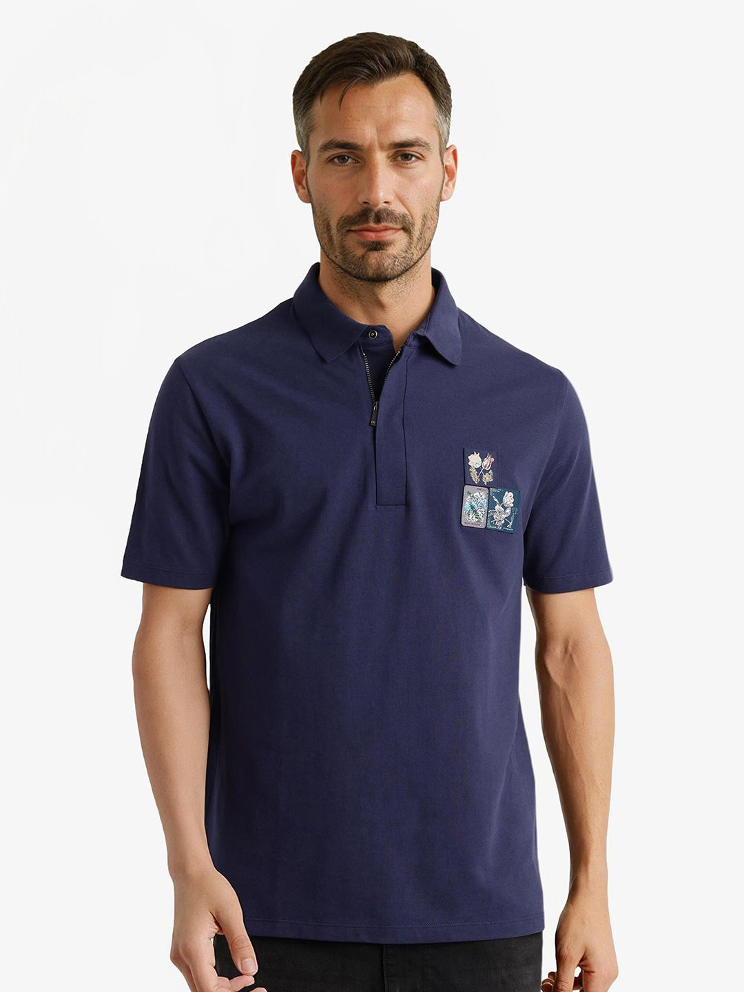 RARE RABBIT Men Floral Printed Polo Collar Cotton T-shirt