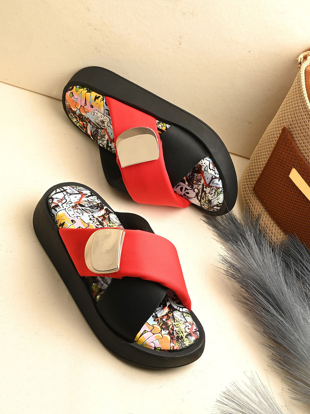 knoos Printed Colourblocked Flatform Heel Sandals