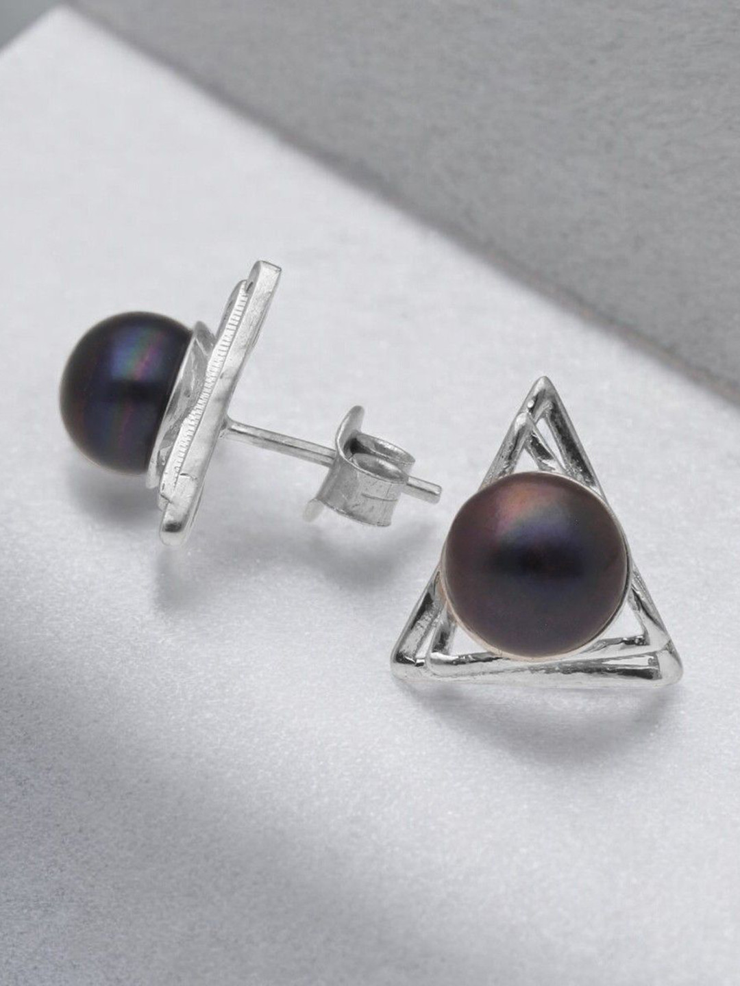 Sri Jagdamba Pearls Dealer Trisha 925 Sterling Silver-Plated Beaded Triangular Studs