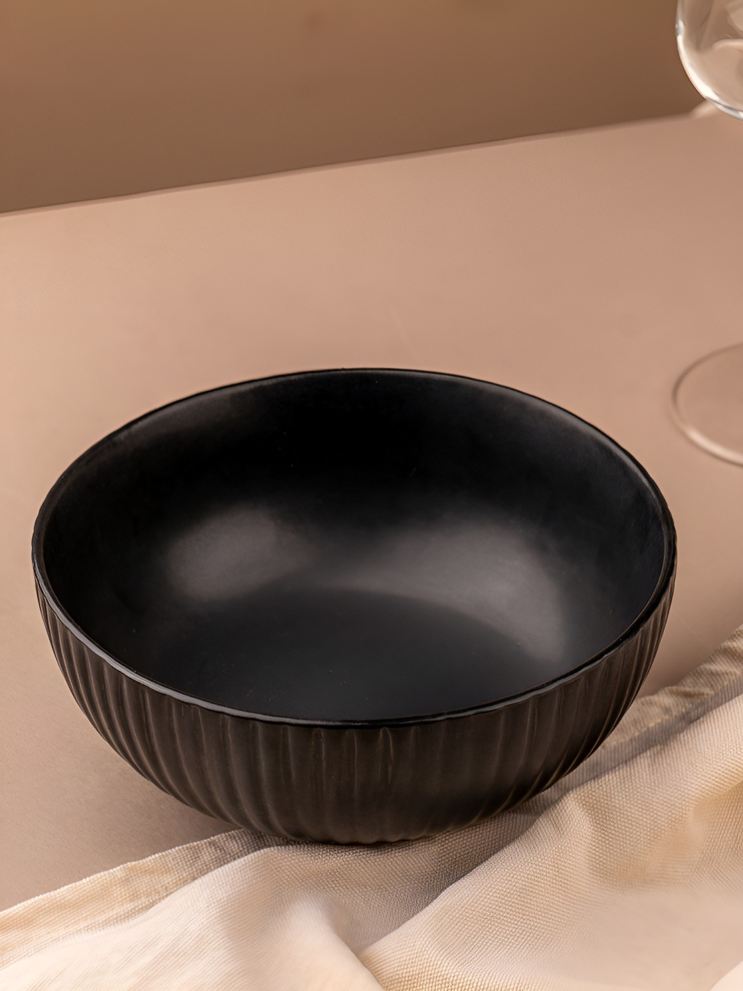 Glimpse Homes Ribbed Black Ceramic Serving Bowl