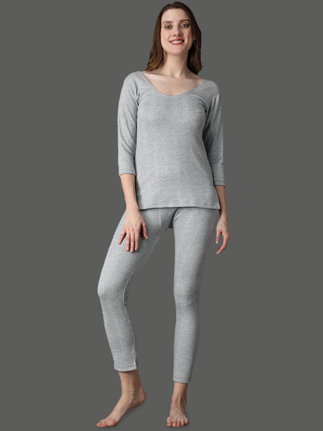 Wearslim Women Striped Round Neck Thermal Set