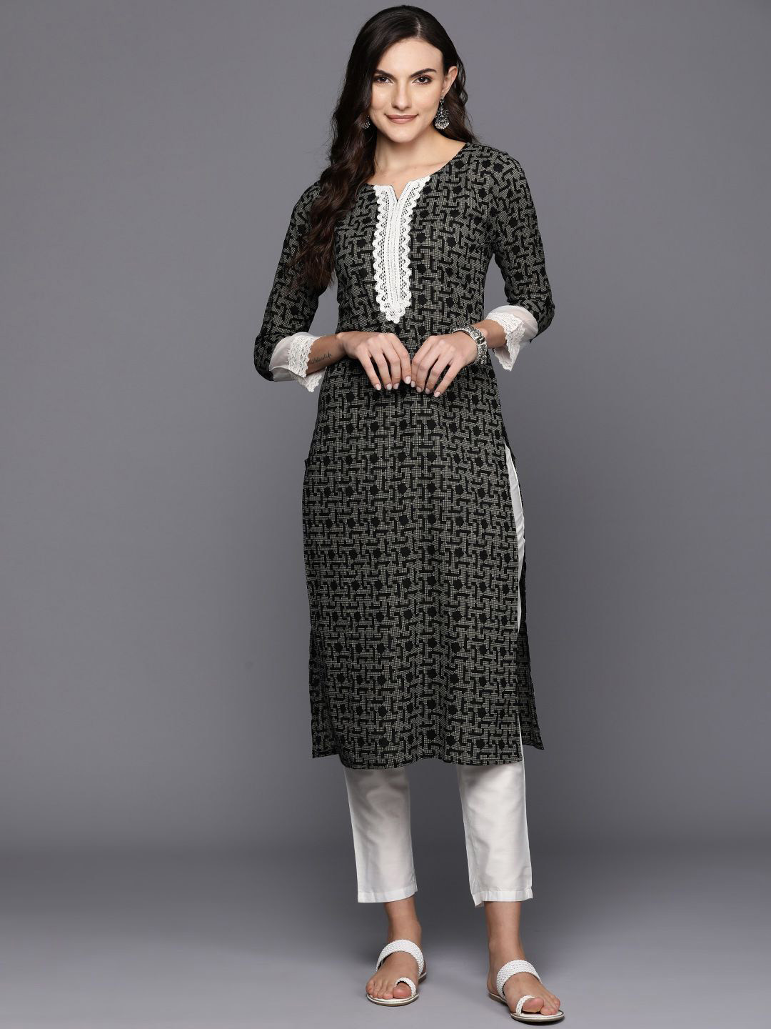 Anouk Black Woven Design Embellished Notch Neck Cotton Straight Kurta