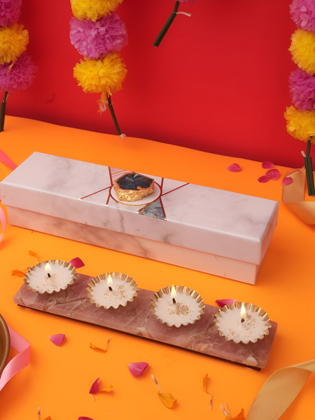 HOMEARTE Pink & White 4 Pieces Votive Candles With Rose Quartz Base