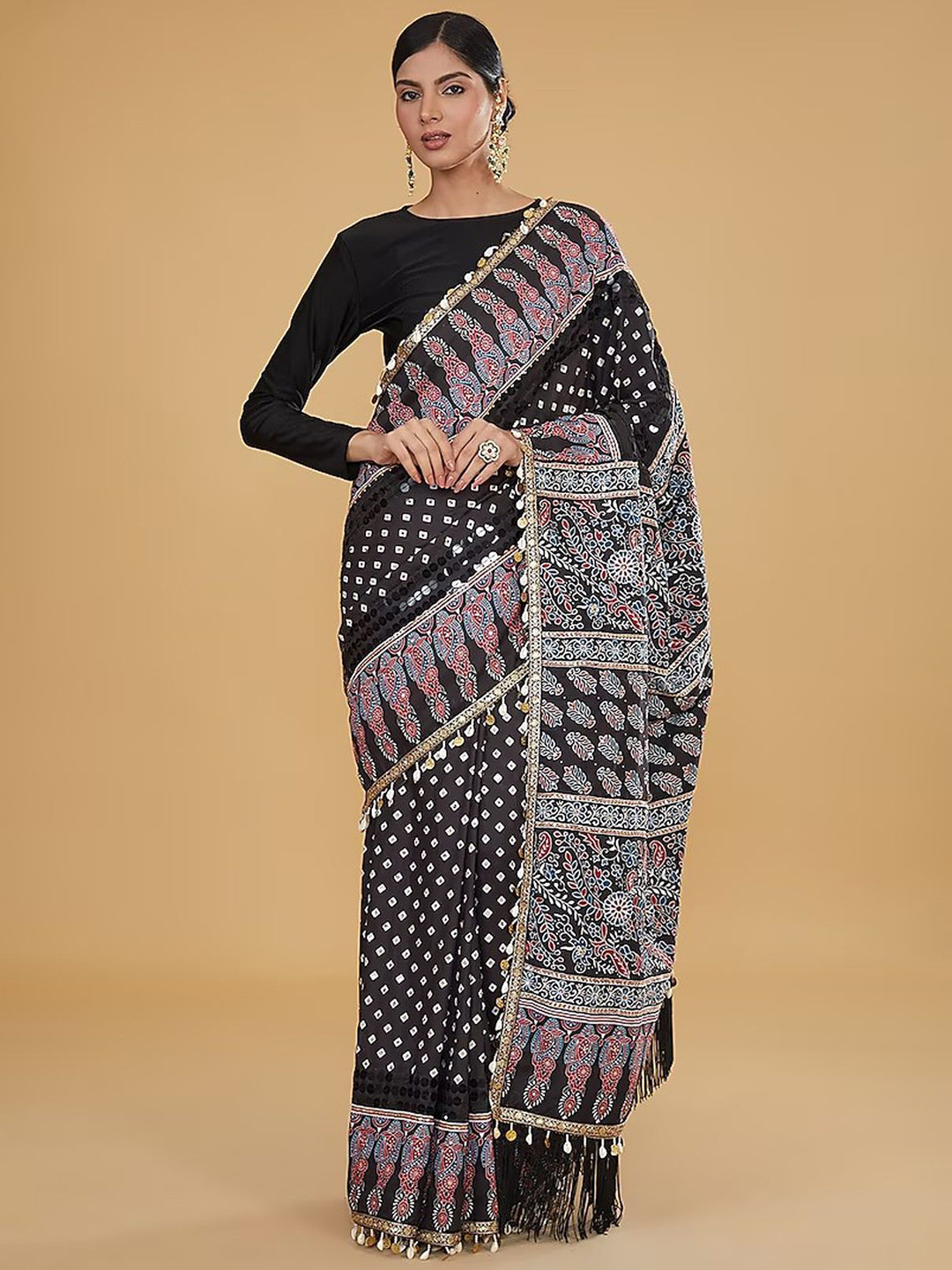 Nitya Bajaj Bandhani Sequinned Pure Crepe Bandhani Saree