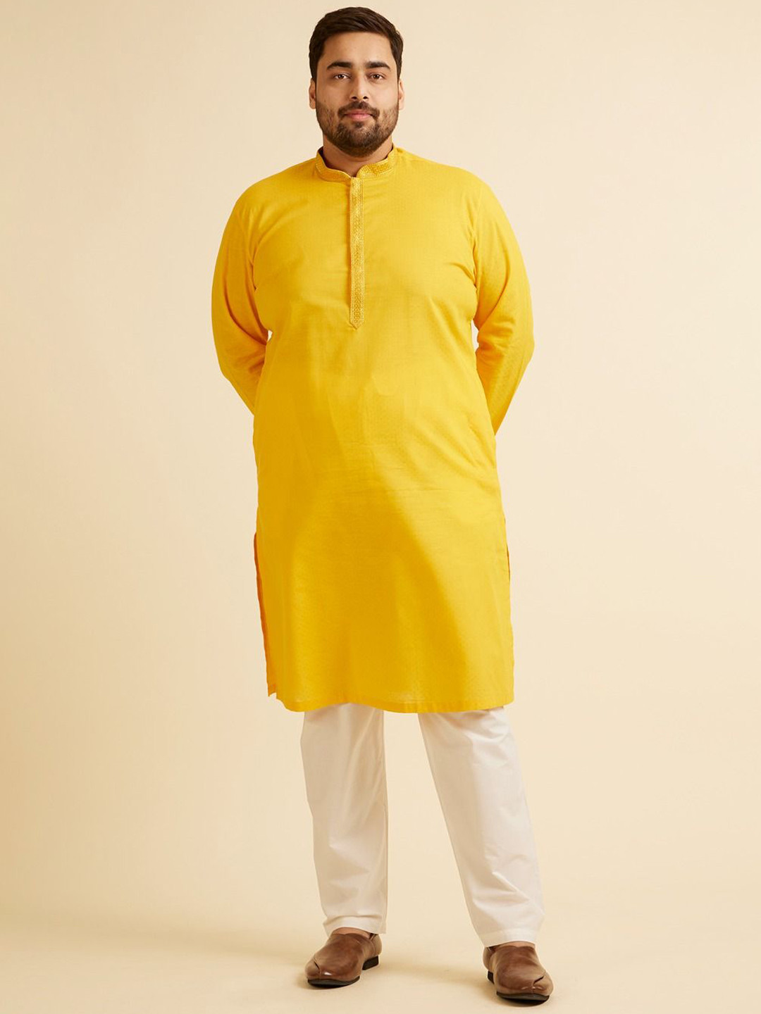 Manyavar Plus Siize Mandarin Collar Straight Kurta with Pyjamas