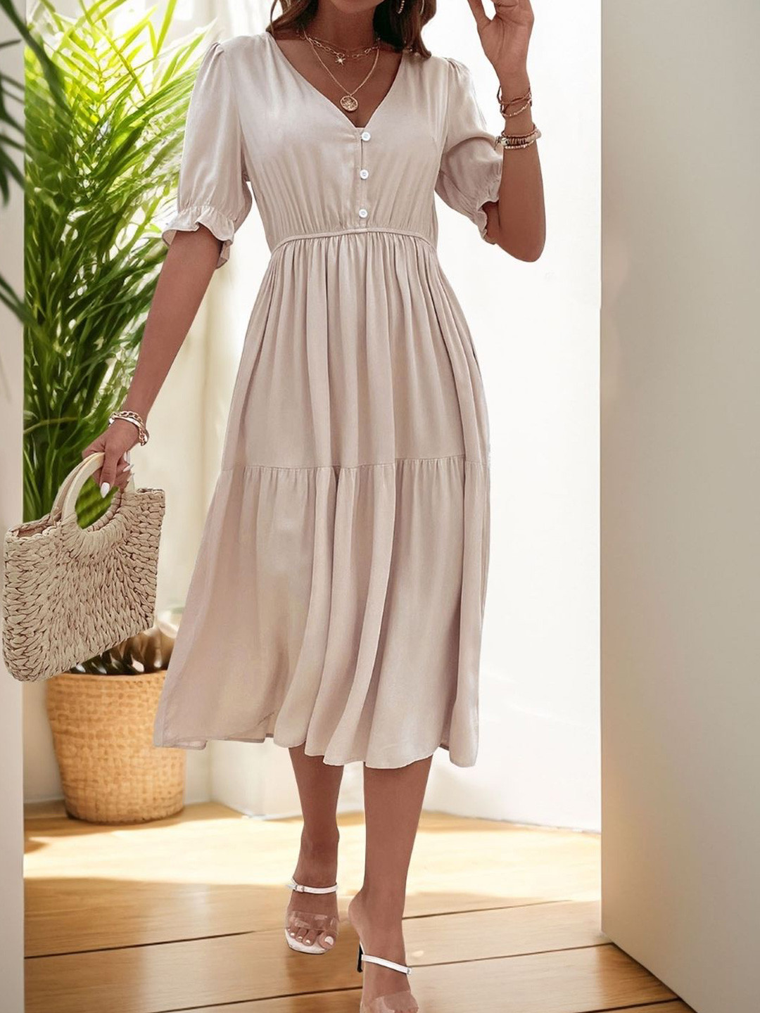 KPOP Beige V-Neck Solid Short Sleeves Viscose Rayon A-Line Dress