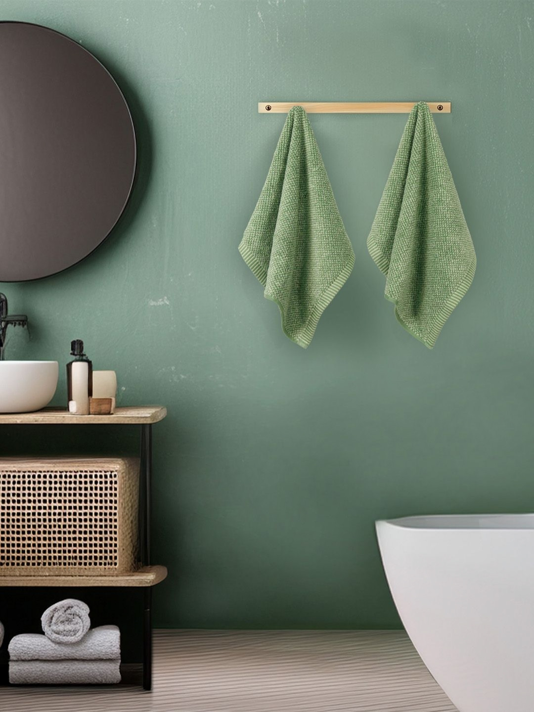 MYTRIDENT Green 2 Pieces Patterned Cotton 575 GSM Hand Towels