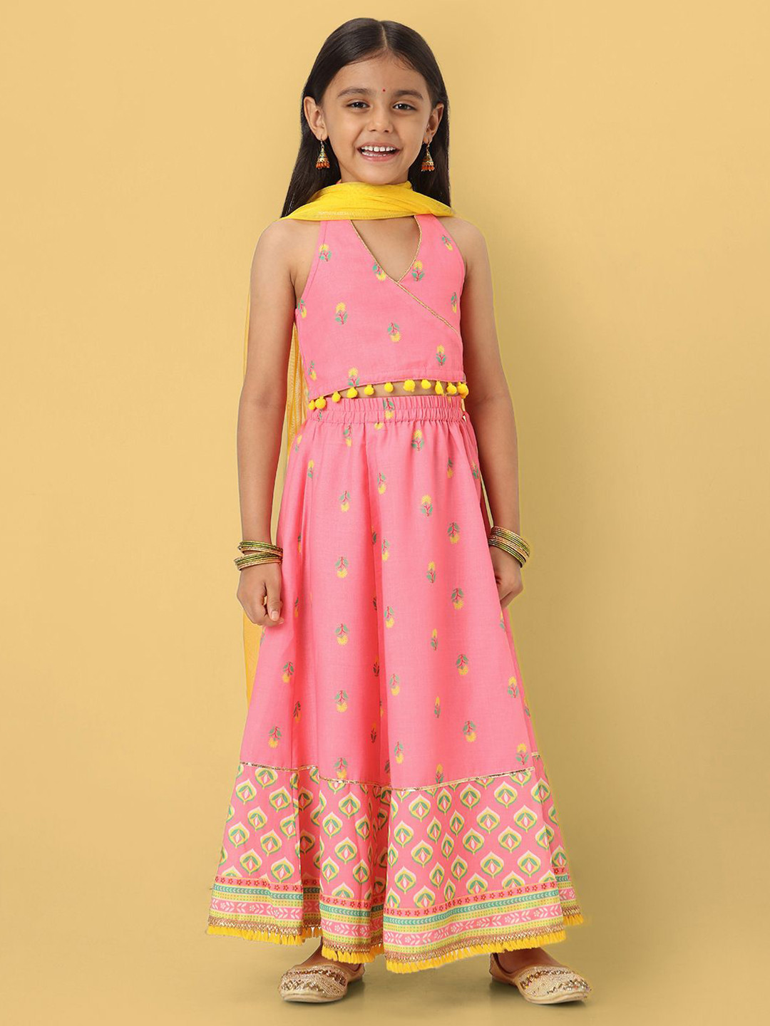 Nautinati Girls' Printed Sleeveless Lehenga Set with Dupatta