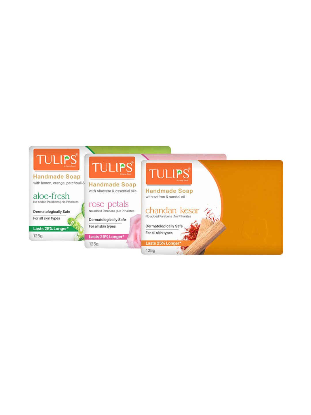 TULIPS Set Of 3 Tulips Soap With Aloe Fresh, Rose Petals & Chandan Kesar-125g