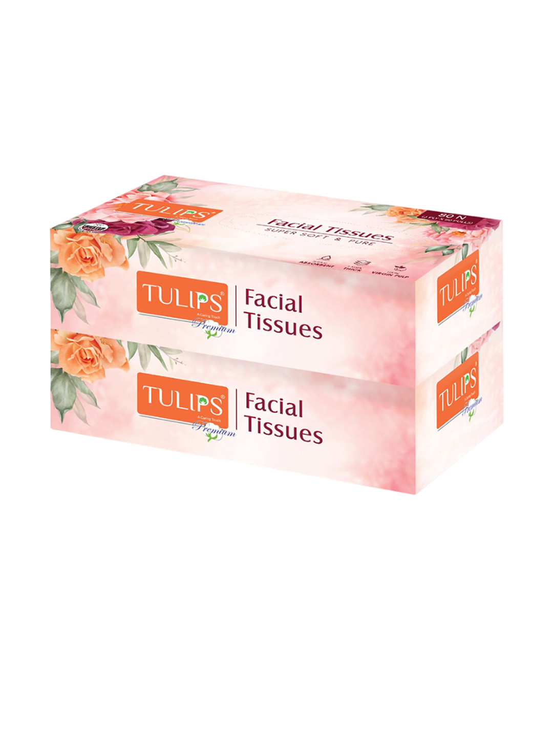 TULIPS Set Of 2 Premium Super Soft & Pure Facial Tissue Paper - 80 Pulls Each