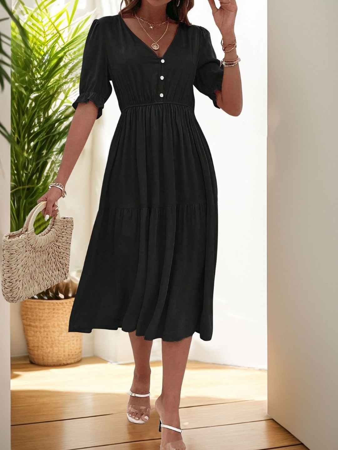 KPOP Black V-Neck Solid Short Sleeves Viscose Rayon A-Line Dress