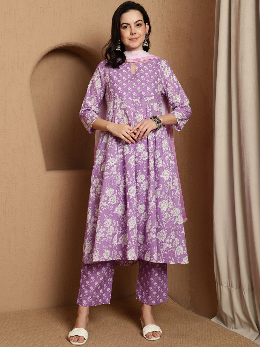BANDIA Floral Printed A-Line Gotta Patti Pure Cotton Kurta with Trousers & Dupatta