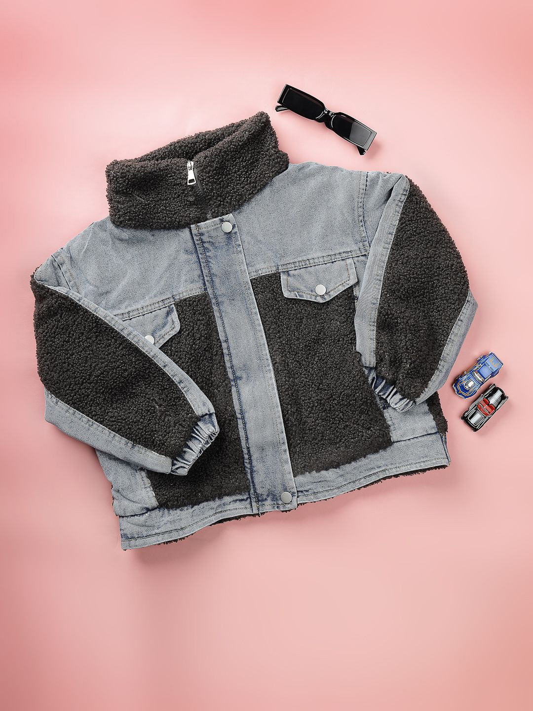 NEUDIS Girls Faux Fur Trim Denim Jacket
