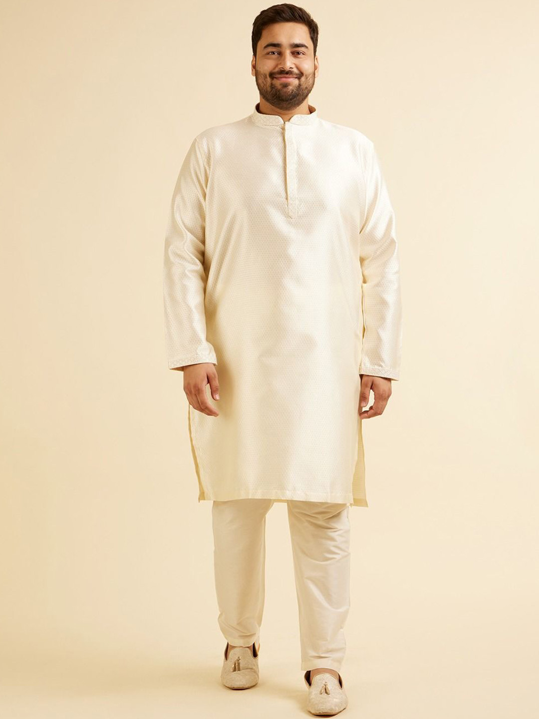 Manyavar Plus Size Woven Design Mandarin Collar Regular Thread Work Kurta With Pyjama