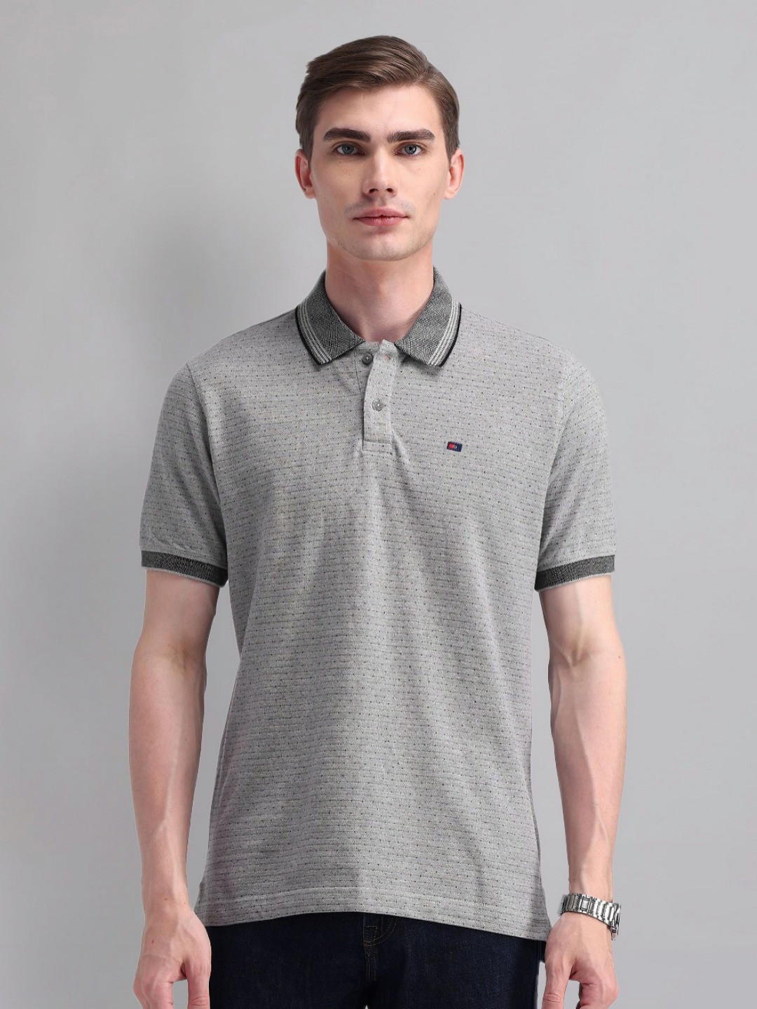 AD By Arvind Men Self Design Polo Collar Cotton Slim Fit T-shirt