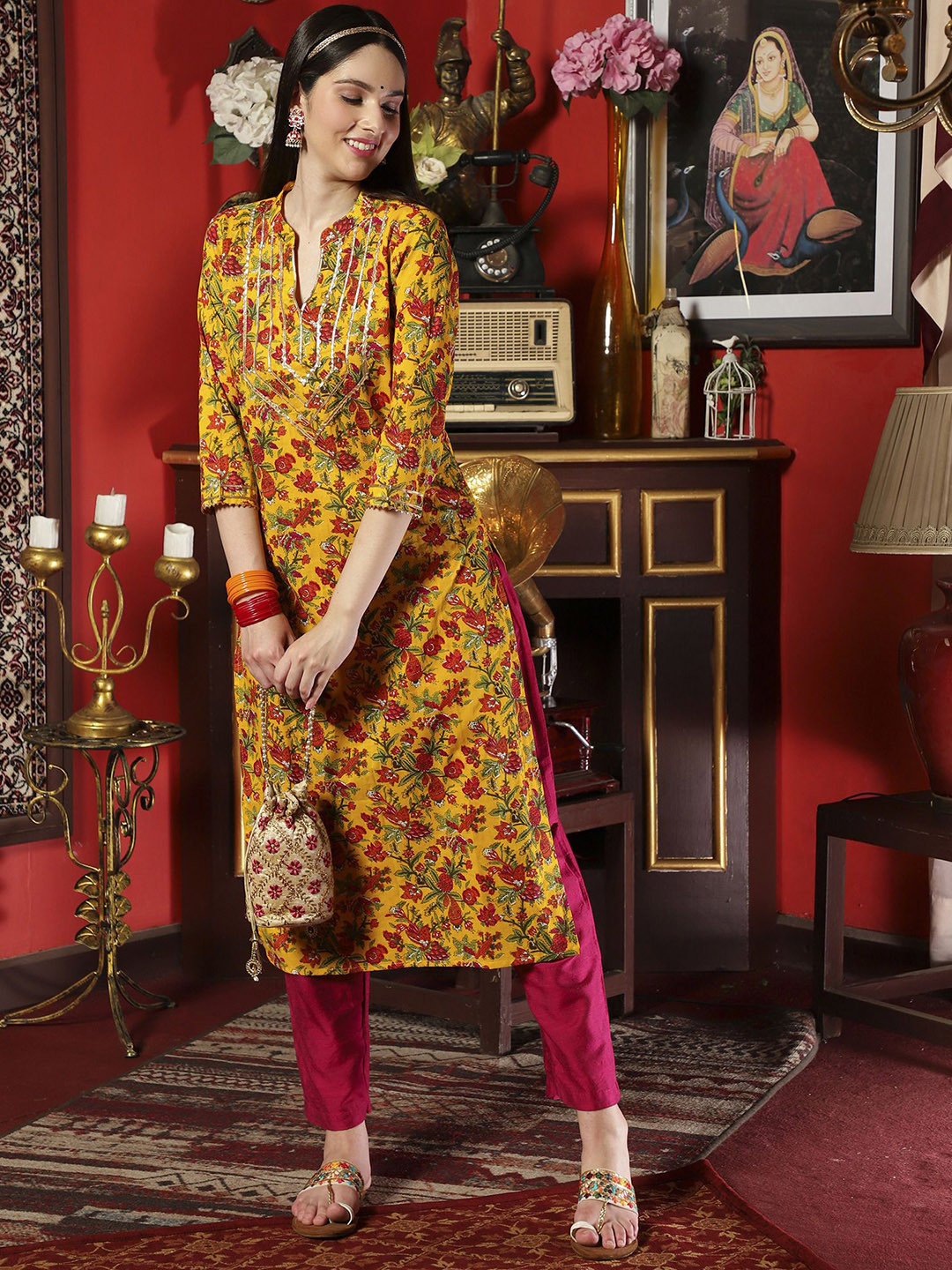 BANDIA Floral Printed Mandarin Collar Pure Cotton Straight Kurta