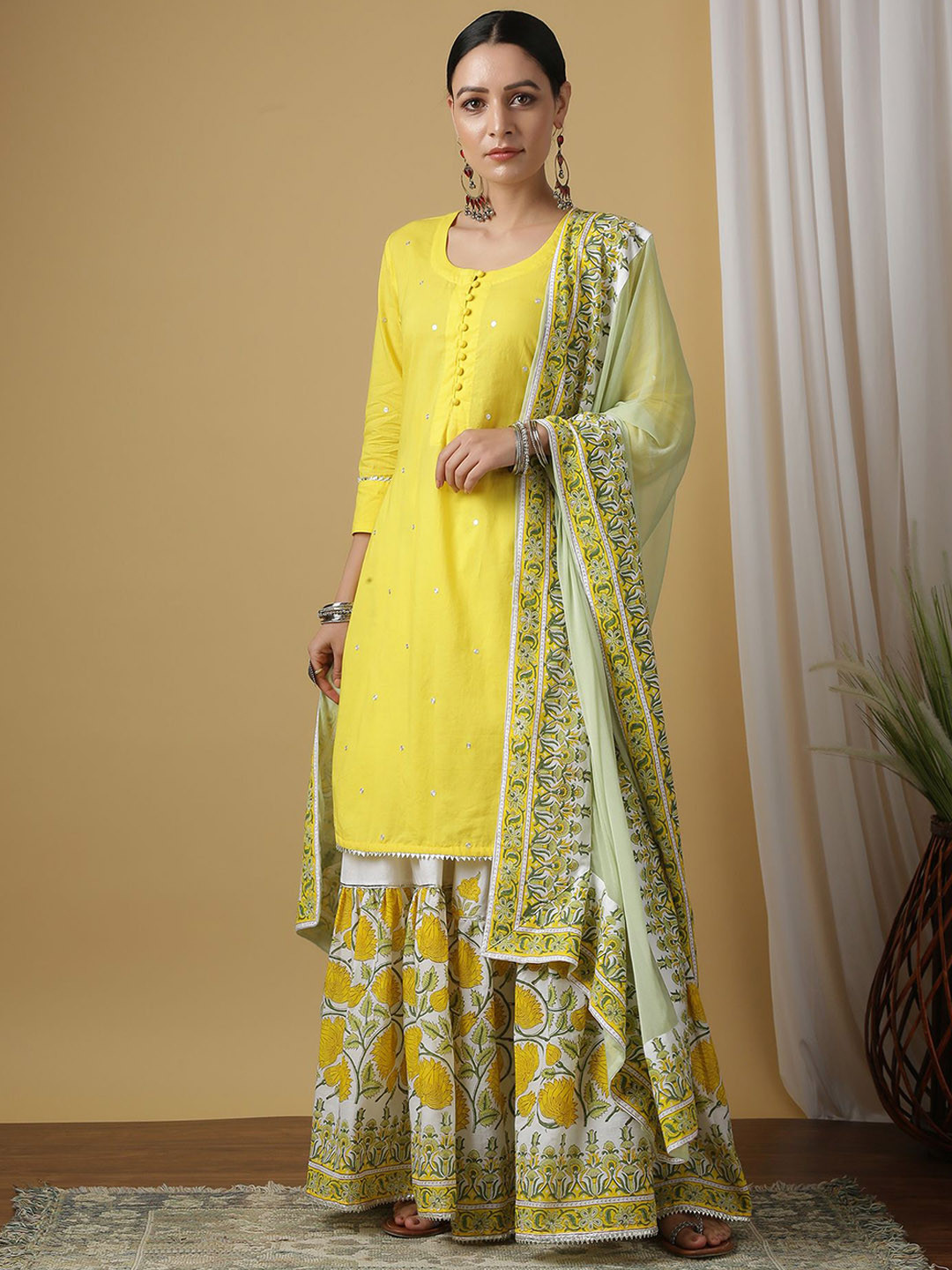 MAISON SHEFALI Floral Embroidered Gotta Patti Pure Cotton Kurta & Sharara & Sharara
